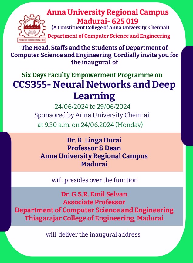 Six Day Physical Mode Faculty Empowerment Programme on CCS355- NEURAL NETWORKS AND DEEP LEARNING 2024